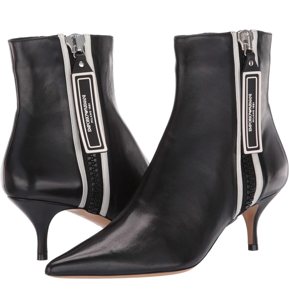 New Emporio Armani Women's Ankle Fashion Leather Boot, Black/White, 6.5 US
